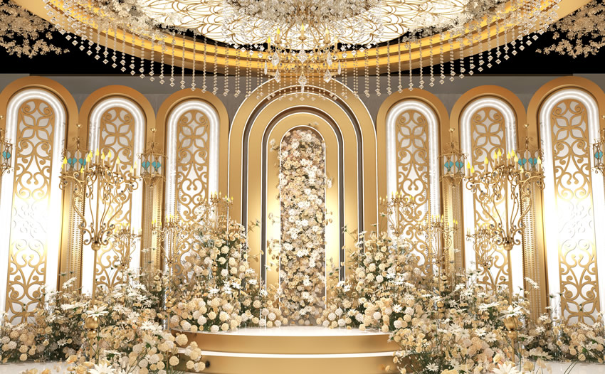 克孜勒苏柯尔克孜香槟色调婚礼堂效果展示